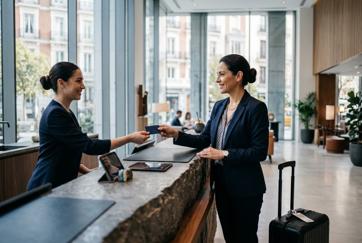 Directora haciendo check-in en un hotel en el extranjero con su tarjeta GoTapp