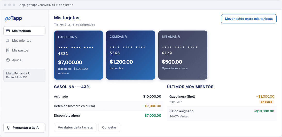Vista del colaborador con sus tarjetas, saldo disponible y últimos movimientos