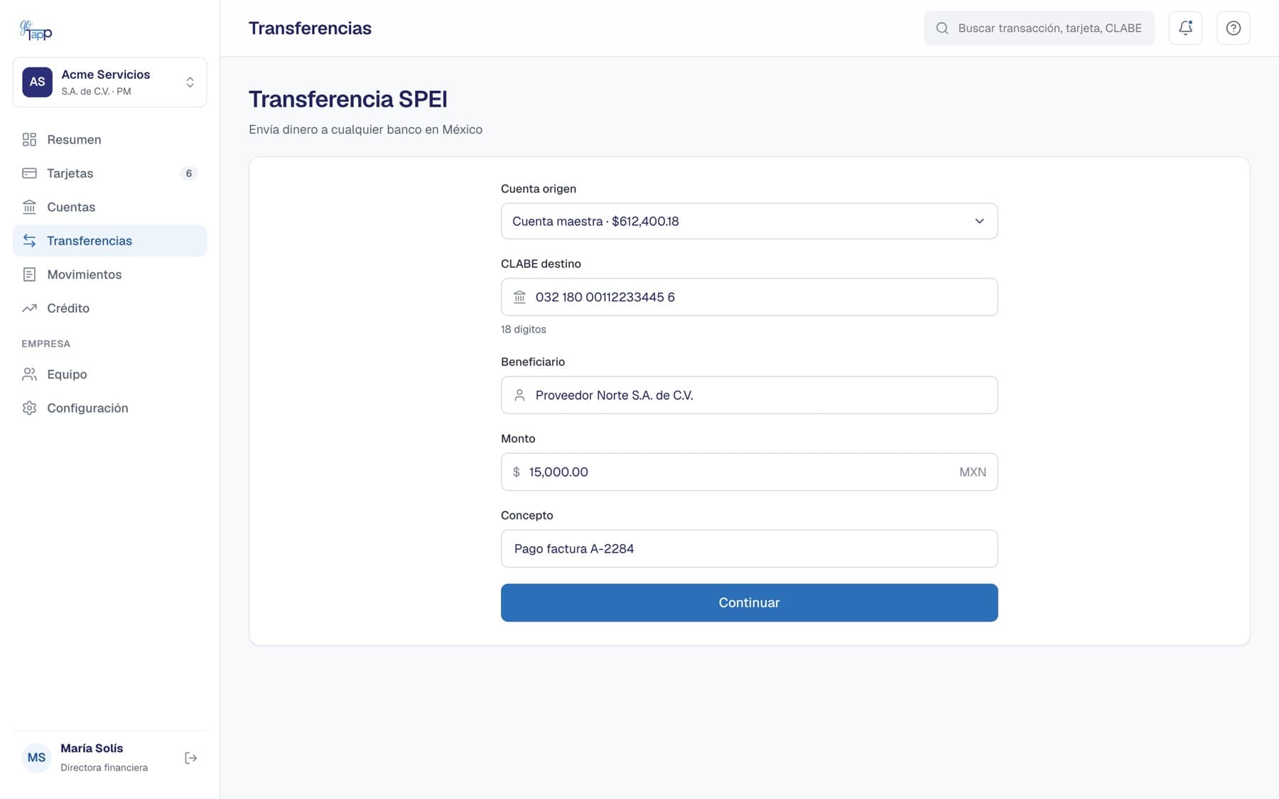 Formulario de transferencia SPEI con cuenta origen, CLABE destino, beneficiario, monto y concepto